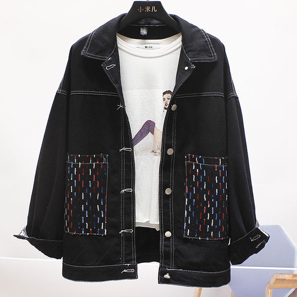 Jachetă casual de damă din denim cu guler și margine albă și neagră