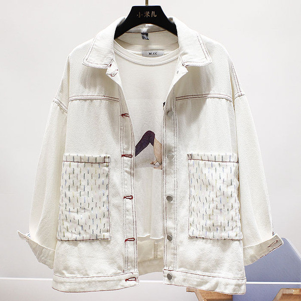 Jachetă casual de damă din denim cu guler și margine albă și neagră