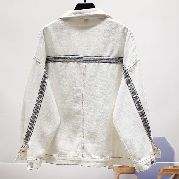 Jachetă casual de damă din denim cu guler și margine albă și neagră