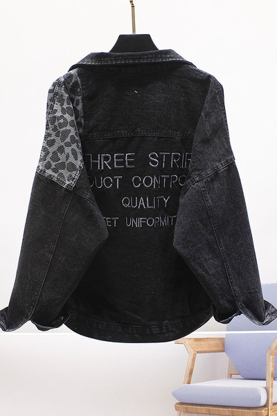 Jachetă neagră de denim de damă modernă cu model animal