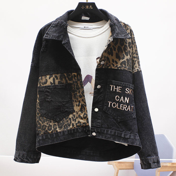 Jachetă neagră de denim de damă modernă cu model animal