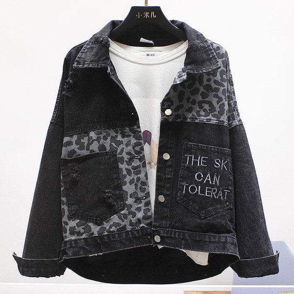Jachetă neagră de denim de damă modernă cu model animal