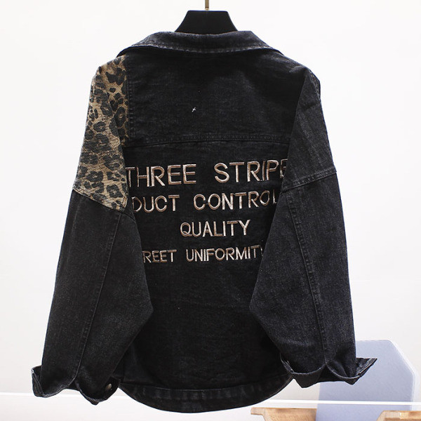 Jachetă neagră de denim de damă modernă cu model animal