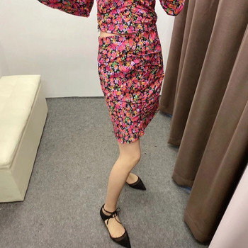 Пролетна дамска пола с флорален десен и висока талия