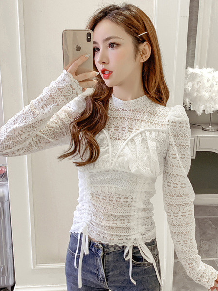 Bluză casual de damă din dantelă cu cravate și decolteu oval