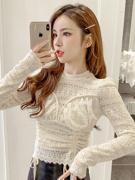 Bluză casual de damă din dantelă cu cravate și decolteu oval