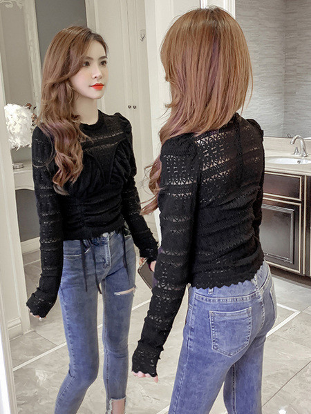 Bluză casual de damă din dantelă cu cravate și decolteu oval