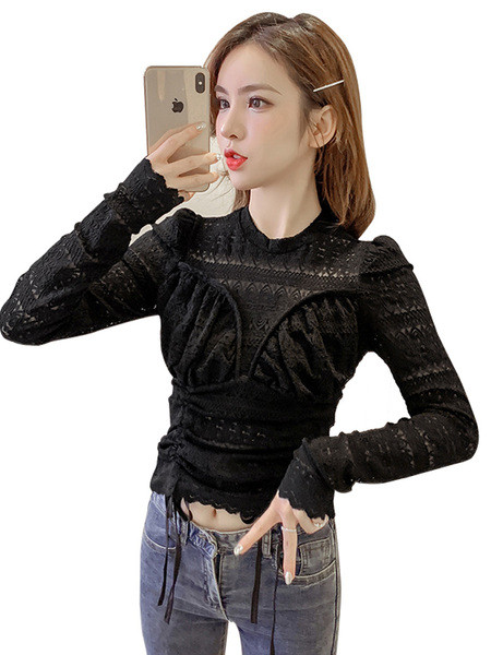 Bluză casual de damă din dantelă cu cravate și decolteu oval