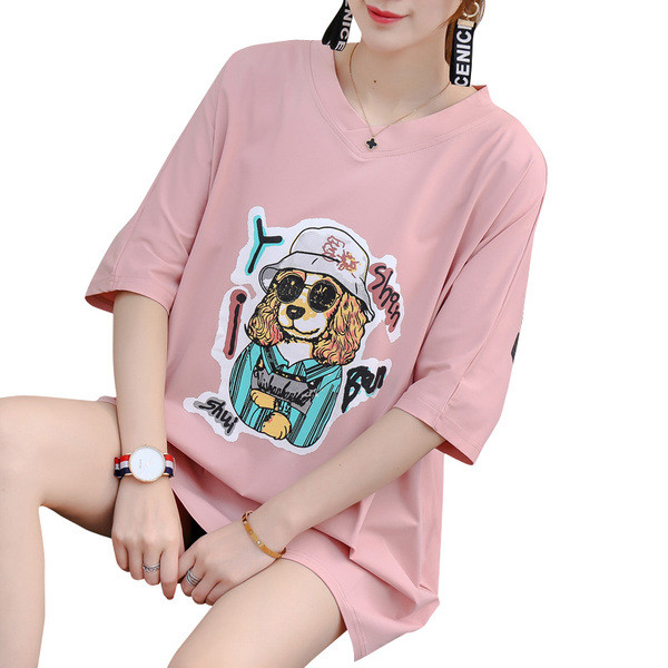 Tricou casual dama cu decolteu spitz si imprimeu - model larg