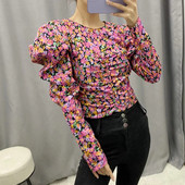 Bluză scurtă de damă actuală cu mâneci bufante și model floral