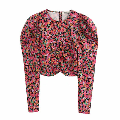 Bluză scurtă de damă actuală cu mâneci bufante și model floral