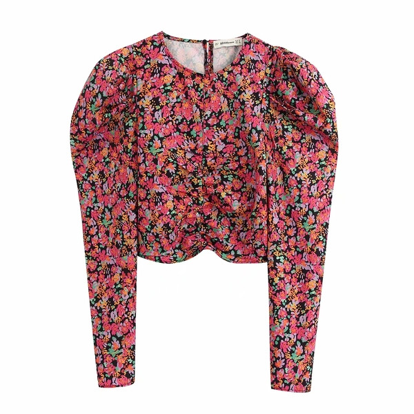 Bluză scurtă de damă actuală cu mâneci bufante și model floral