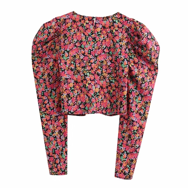 Bluză scurtă de damă actuală cu mâneci bufante și model floral