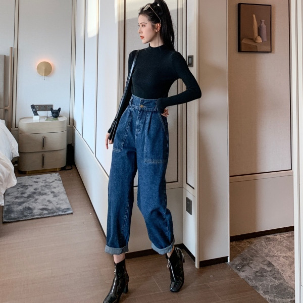 Modern női magas derekú farmer - széles modell