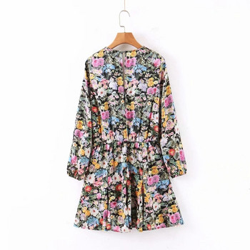 Rochie de dama de primavara cu decolteu spitz, maneci lungi si model floral