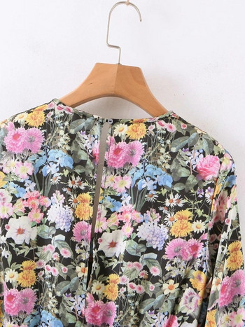 Rochie de dama de primavara cu decolteu spitz, maneci lungi si model floral