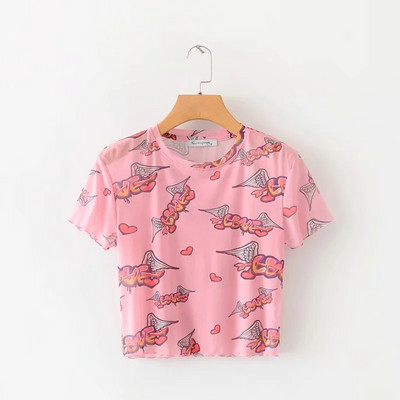 Tricou scurt de damă cu decolteu oval și inscripții