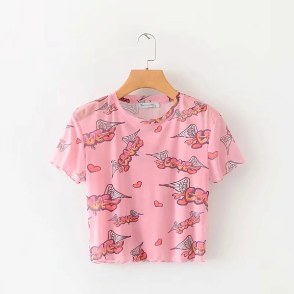 Tricou scurt de damă cu decolteu oval și inscripții