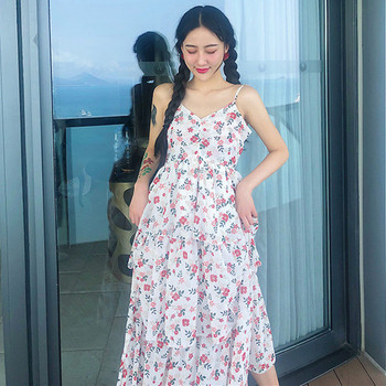 Флорална дамска рокля с V-образно деколте и тънки презрамки