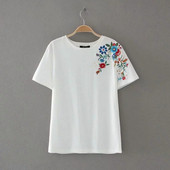 Tricou casual dama alb cu broderie florala