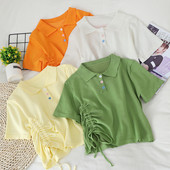 Дамска тениска с къс ръкав, яка и връзки