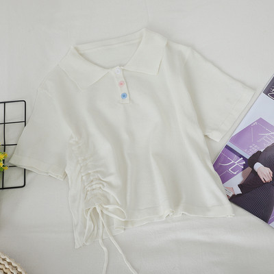 Дамска тениска с къс ръкав, яка и връзки