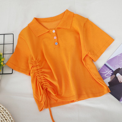 Дамска тениска с къс ръкав, яка и връзки