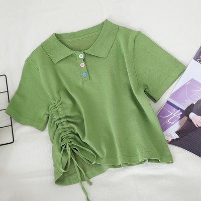 Дамска тениска с къс ръкав, яка и връзки