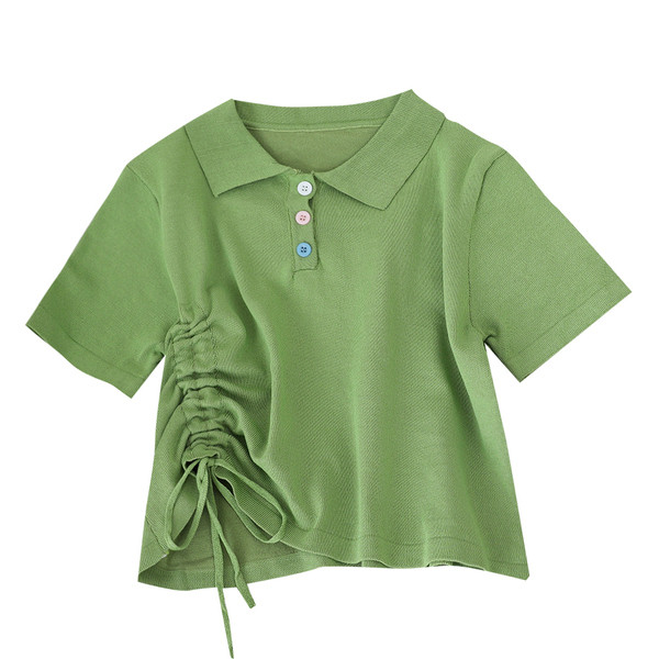 Дамска тениска с къс ръкав, яка и връзки 