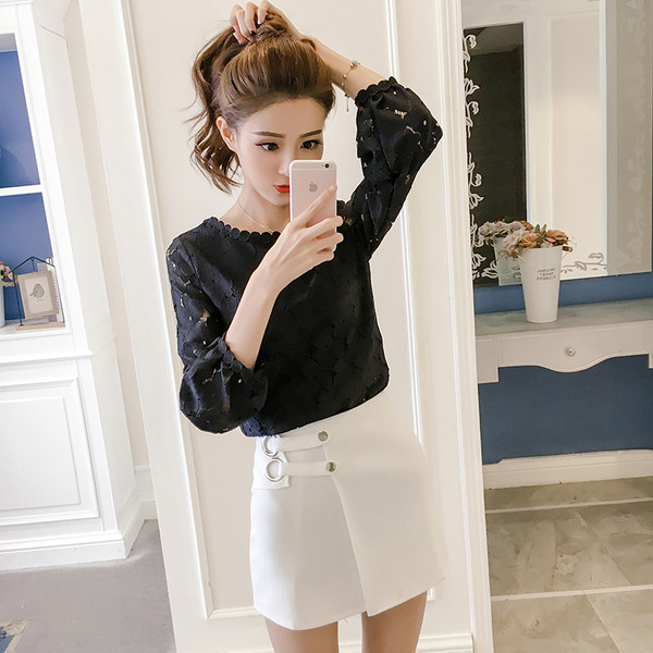 Novi model čipkane ženske bluze sa ovalnim izrezom i dugim rukavima