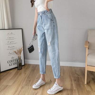 Ležeran ženski ravni model s visokim strukom i poderan na desno