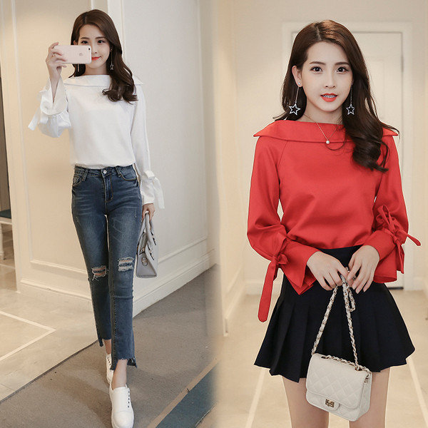 Modern női ing kerek nyakkivágással és lótusz ujjakkal