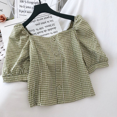 Bluză de damă lată în carouri, cu mâneci scurte și mâneci strânse