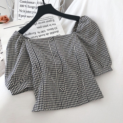 Bluză de damă lată în carouri, cu mâneci scurte și mâneci strânse