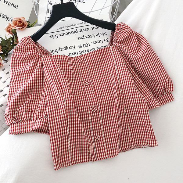 Bluză de damă lată în carouri, cu mâneci scurte și mâneci strânse