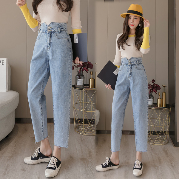 Blugi de dama cu nasturi si talie inalta – model drept