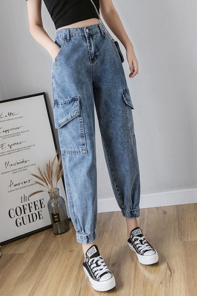 Blugi casual de dama cu buzunare si talie elastica