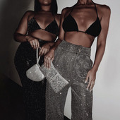 Model nou de pantaloni cu talie inalta si efect stralucitor