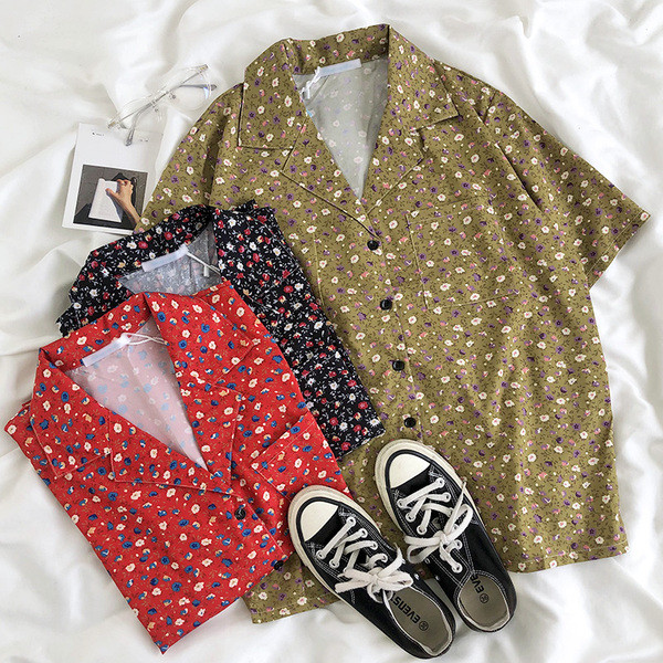 Cămașă retro damă lată cu imprimeu floral și buzunar