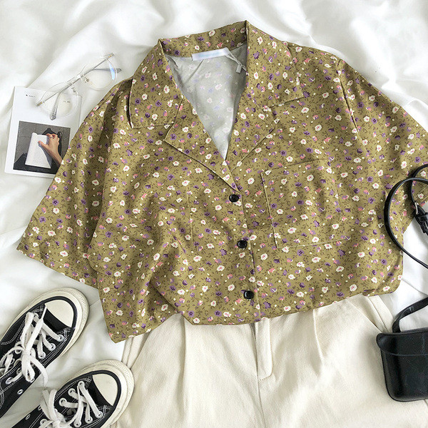 Cămașă retro damă lată cu imprimeu floral și buzunar