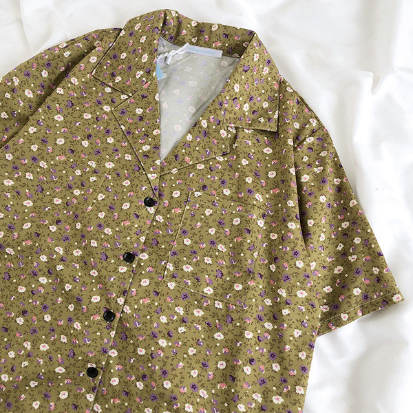 Cămașă retro damă lată cu imprimeu floral și buzunar