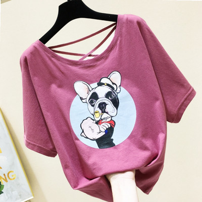 Bluză de damă cu aplicație de câine și mâneci scurte