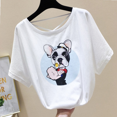 Bluză de damă cu aplicație de câine și mâneci scurte