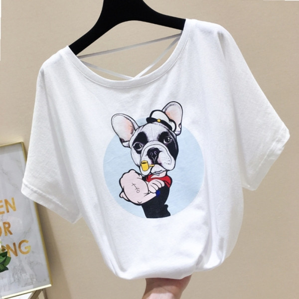 Bluză de damă cu aplicație de câine și mâneci scurte