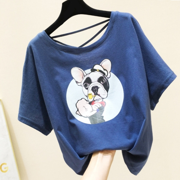 Bluză de damă cu aplicație de câine și mâneci scurte