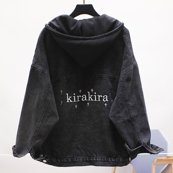 Geaca de dama moderna din denim model larg cu inscriptie si gluga