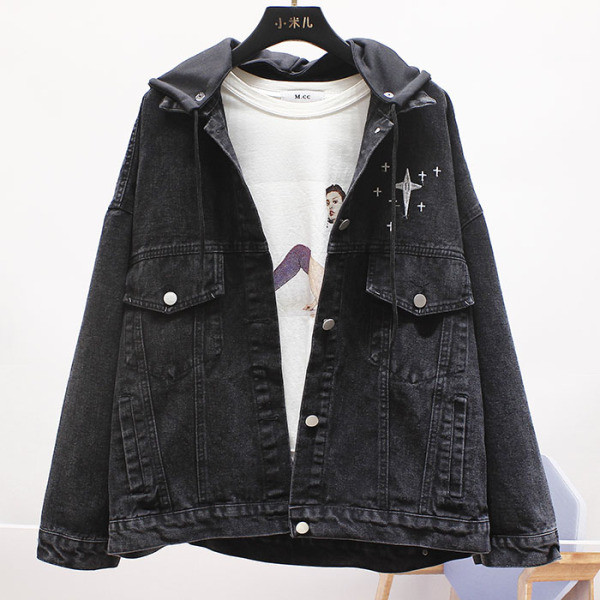 Geaca de dama moderna din denim model larg cu inscriptie si gluga