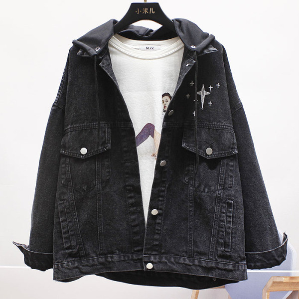 Geaca de dama moderna din denim model larg cu inscriptie si gluga