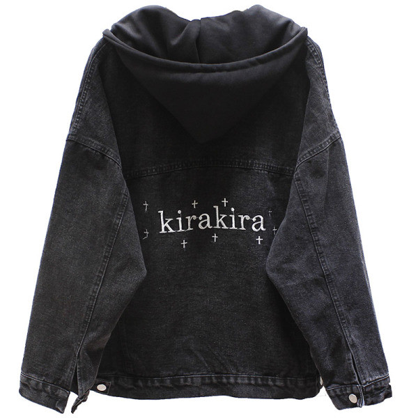 Geaca de dama moderna din denim model larg cu inscriptie si gluga