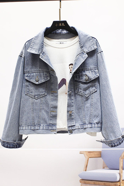 Jachetă casual scurtă de blugi pentru femei, cu buzunare și guler